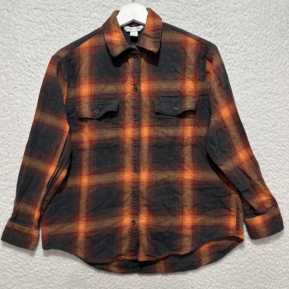 Old Navy‎ Boyfriend Flannel Shirt S Swiftie Orange Plaid Grunge Evermore Western